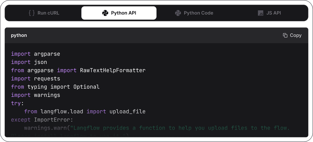 Langflow Python API iškvietimo dialogas