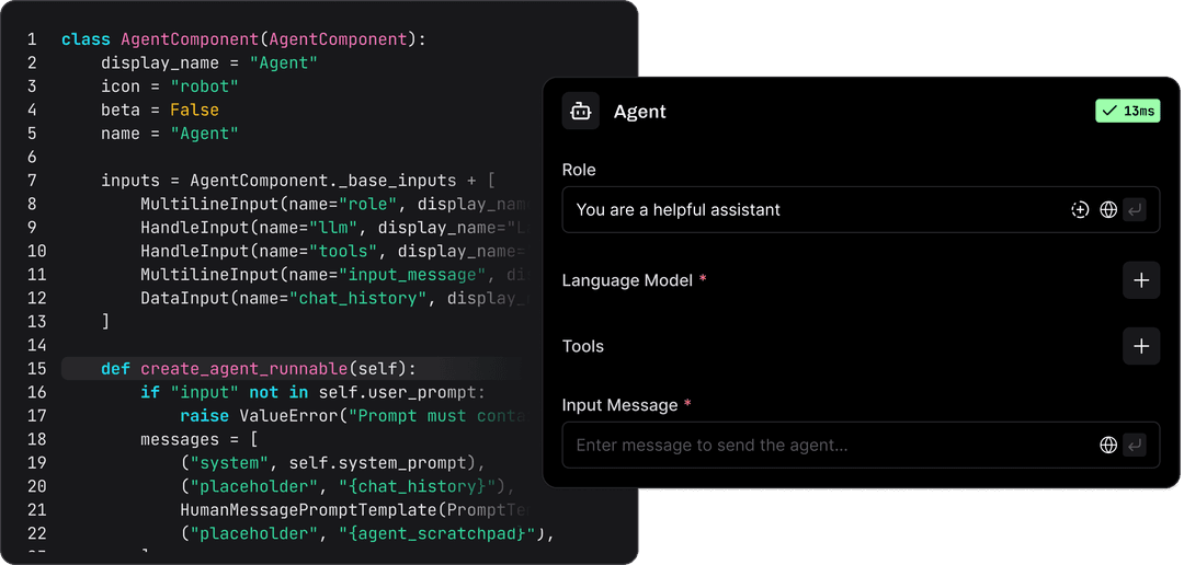 Langflow „Agent“ komponentas su Python kodu vizualiame redaktoriuje