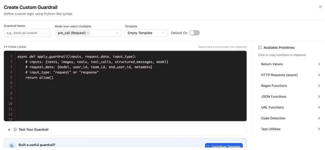 LiteLLM Custom Guardrail kūrimo langas su Python logikos redaktoriumi