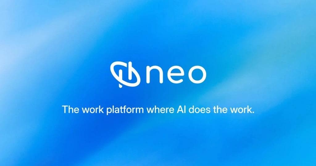 „Neo“ logotipas su šūkiu „The work platform where AI does the work“