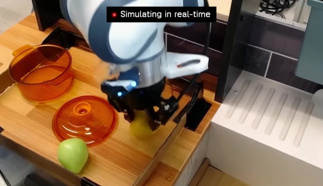 Robotinė ranka virtuvėje griebia obuolį Odyssey realaus laiko simuliacijoje