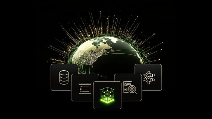 NVIDIA Nemotron atvirų modelių šeimos iliustracija su pasauline tinklo grafika