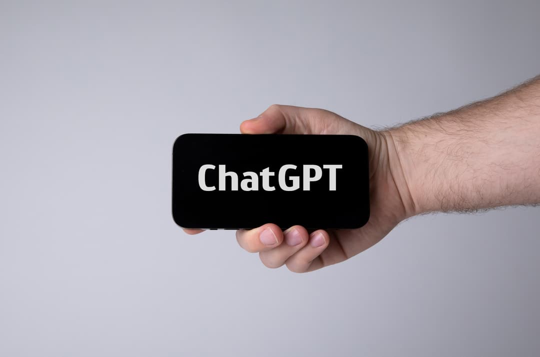 Ranka laiko išmanųjį telefoną su ChatGPT užrašu